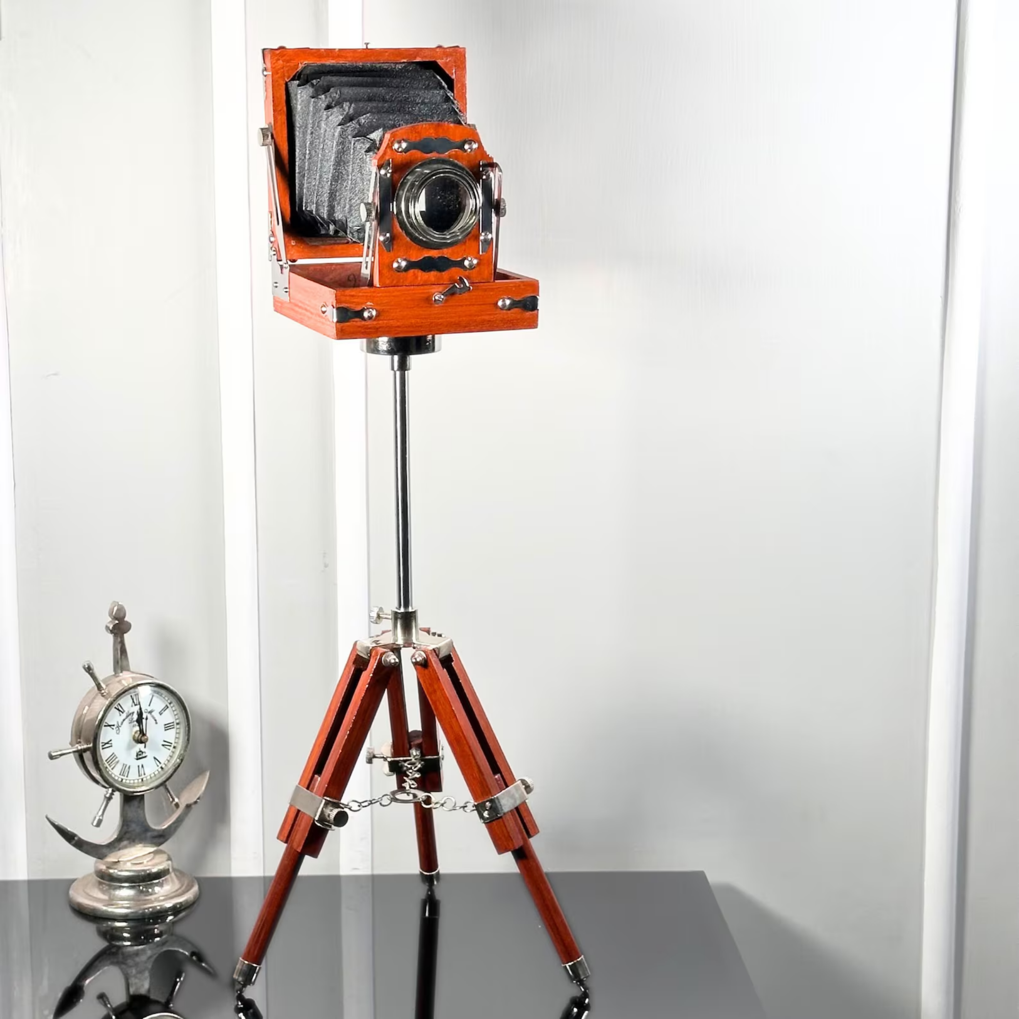 Vintage Camera Replica with Wooden Tripod - Handmade Antique Film Camera Decor