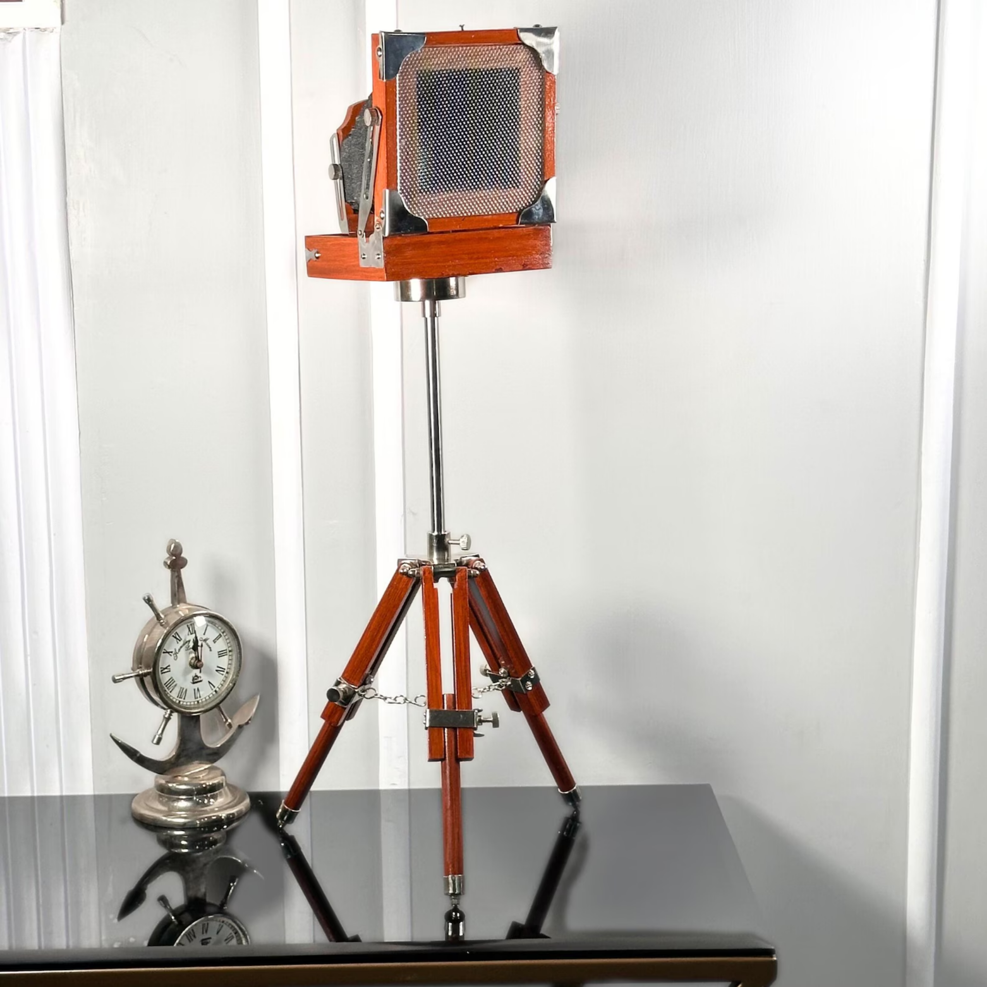Vintage Camera Replica with Wooden Tripod - Handmade Antique Film Camera Decor