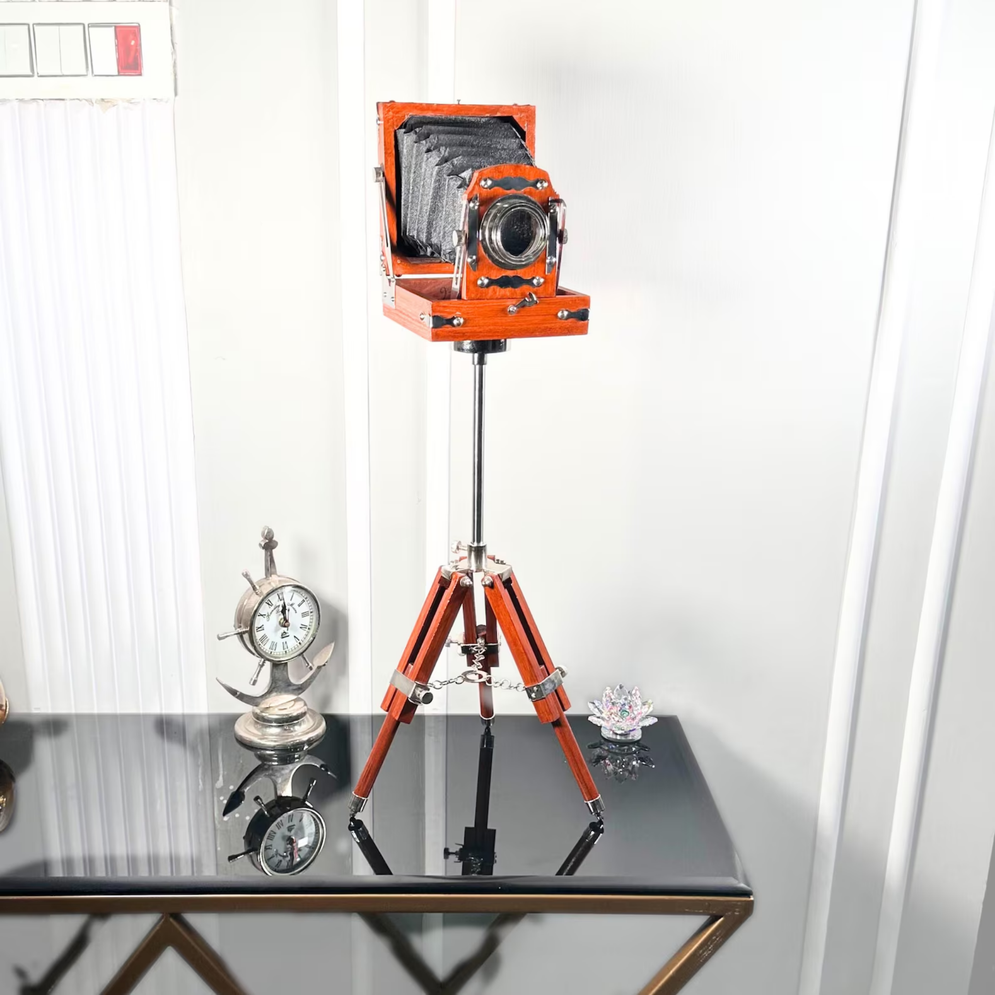Vintage Camera Replica with Wooden Tripod - Handmade Antique Film Camera Decor