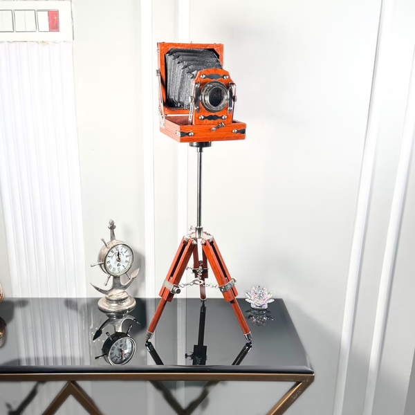 Vintage Camera Replica with Wooden Tripod - Handmade Antique Film Camera Decor
