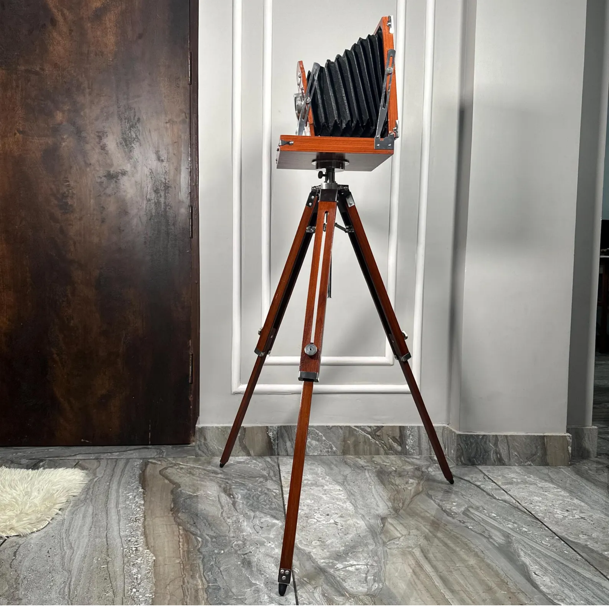 Vintage Decorative Camera with Wooden Tripod - Retro Photography Rustic Decor 45 Inch