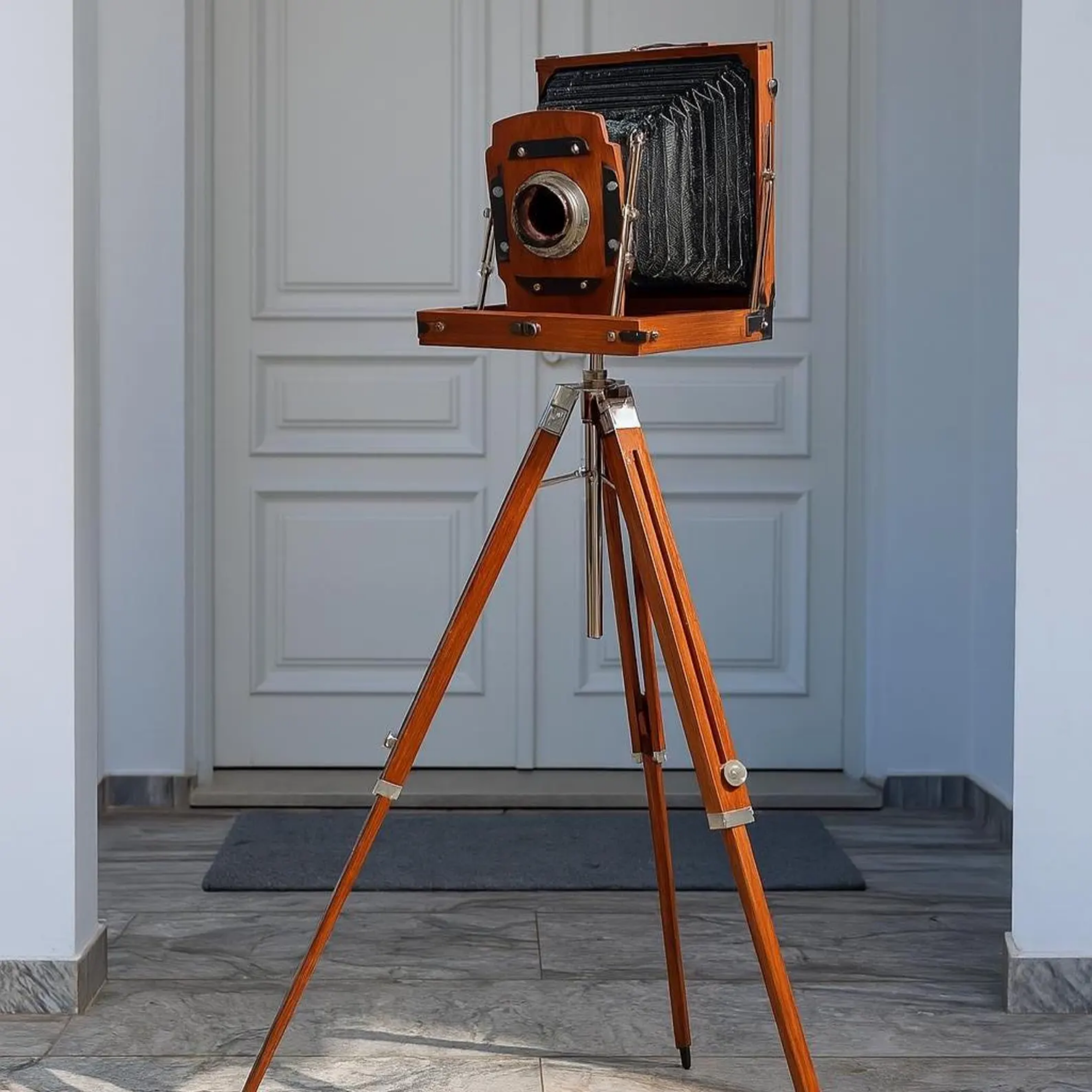 Vintage Decorative Camera with Wooden Tripod - Retro Photography Rustic Decor 45 Inch