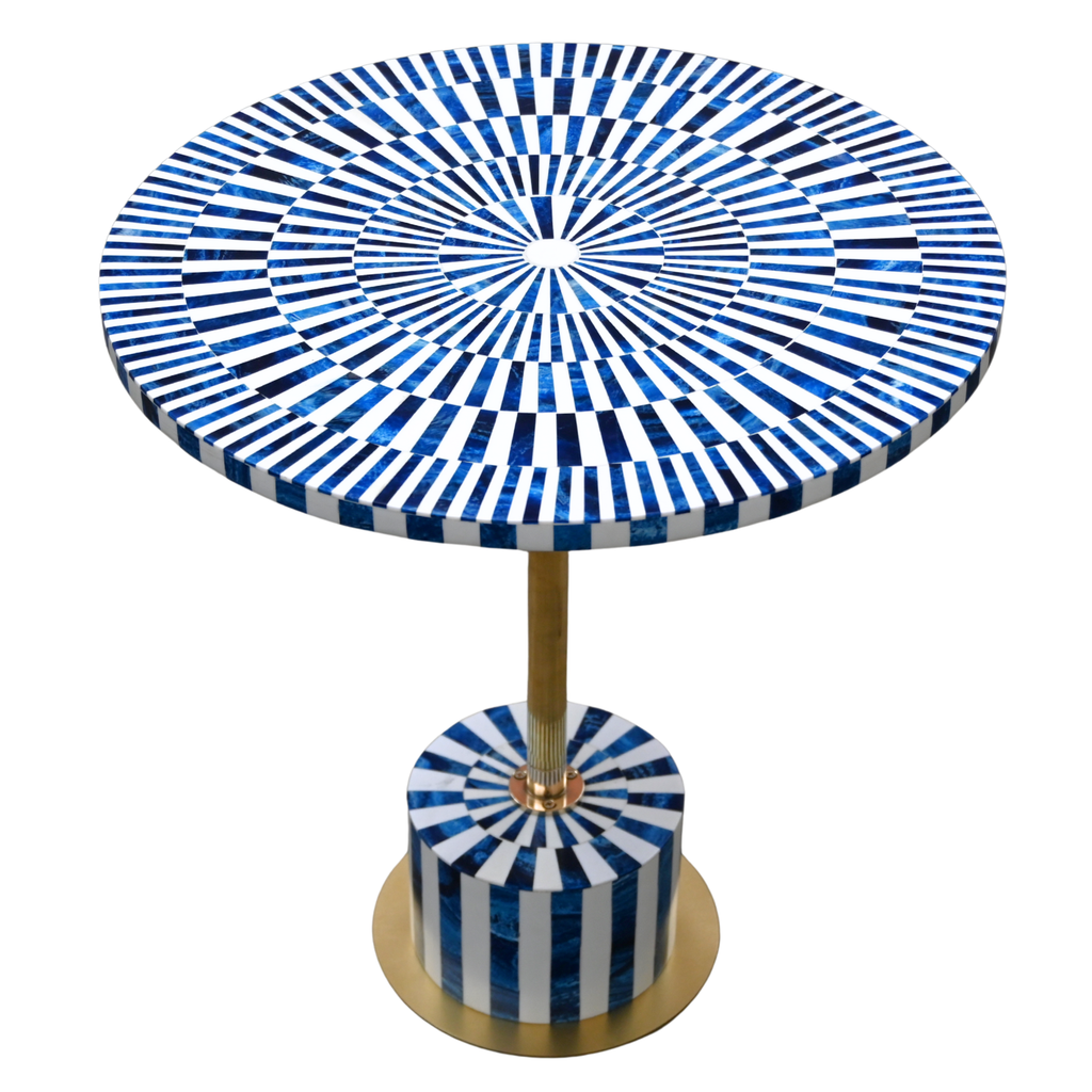 Blue & White Resin Inlay Round Side Table - Handcrafted Brass Accent