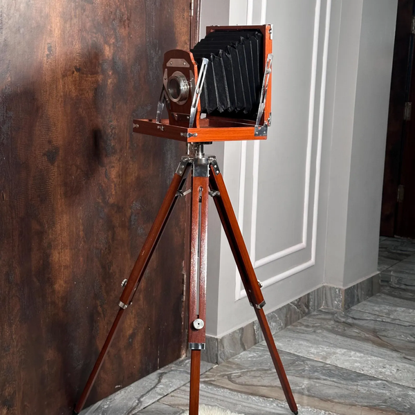 Vintage Decorative Camera with Wooden Tripod - Retro Photography Rustic Decor 45 Inch