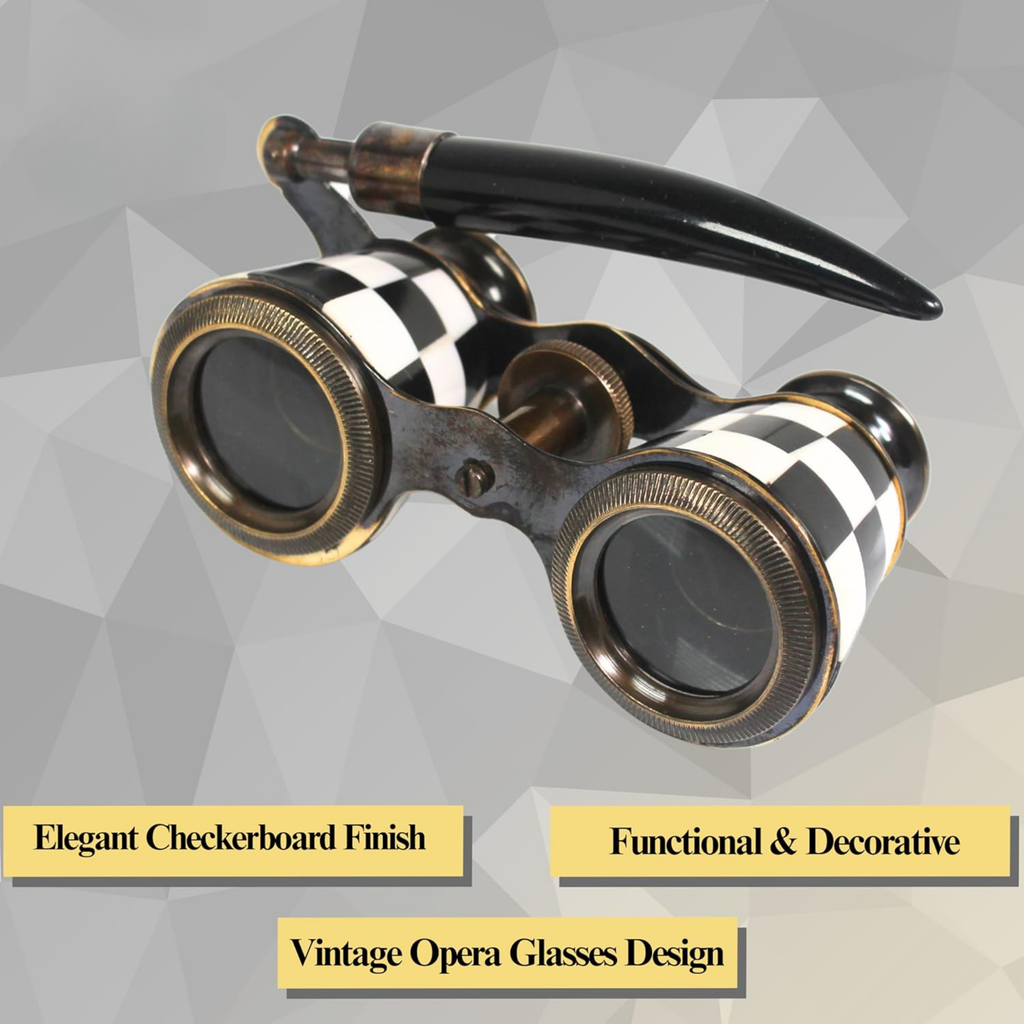 Checkered Opera Glasses - Black White Enamel Brass Theater Binoculars for Women