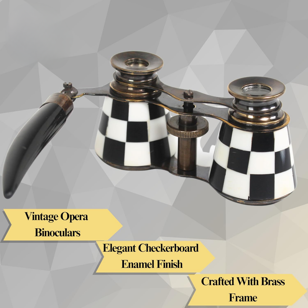 Checkered Opera Glasses - Black White Enamel Brass Theater Binoculars for Women