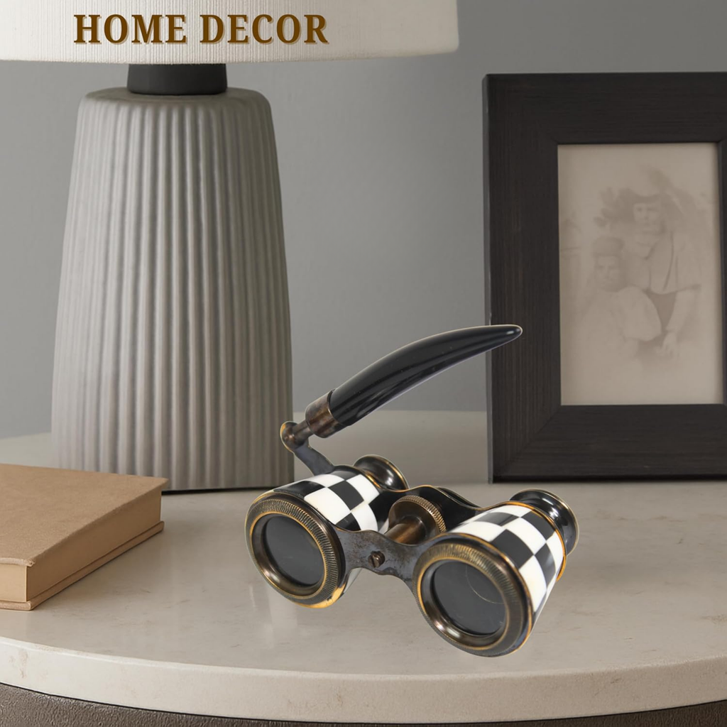Checkered Opera Glasses - Black White Enamel Brass Theater Binoculars for Women