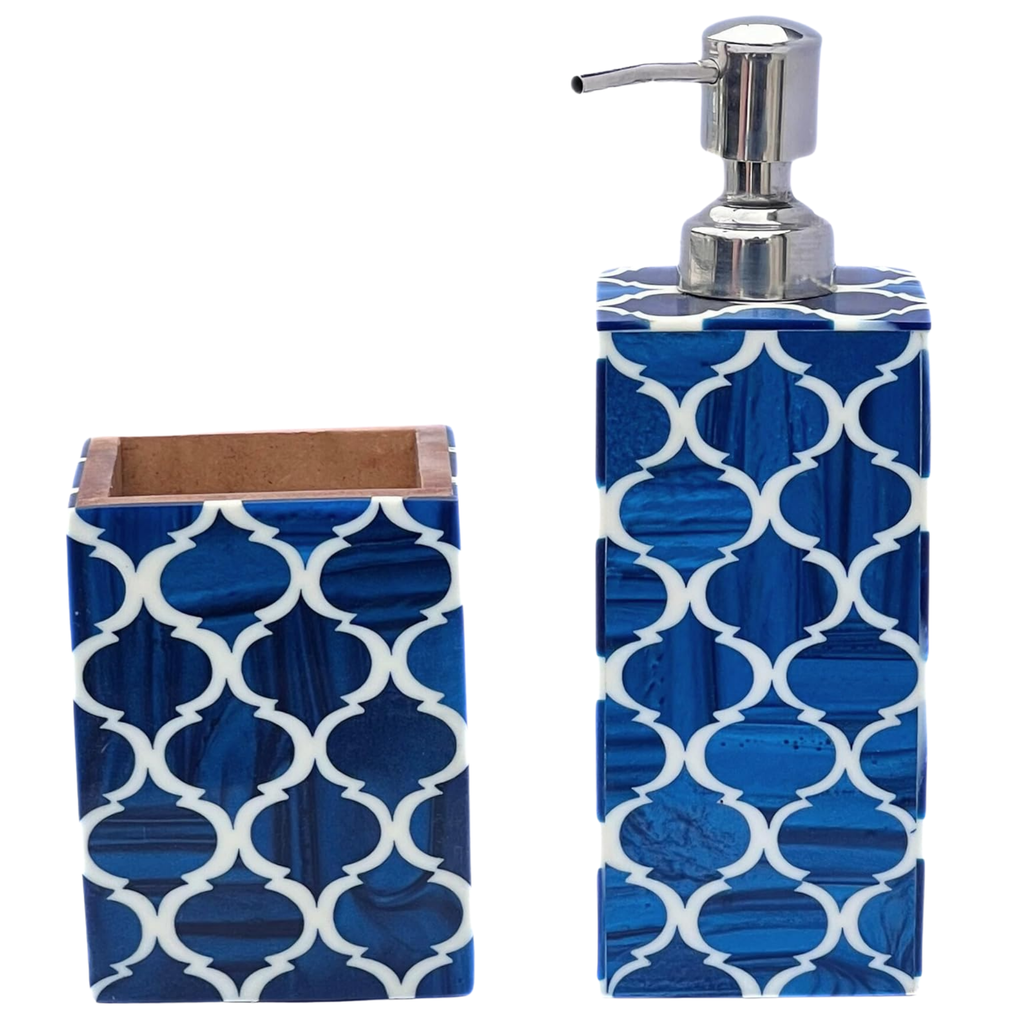 Moroccan Soap Dispenser & Toothbrush Holder Set - Blue White Bone Inlay Bathroom