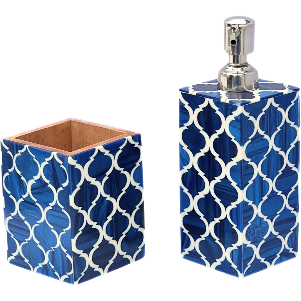 Moroccan Soap Dispenser & Toothbrush Holder Set - Blue White Bone Inlay Bathroom