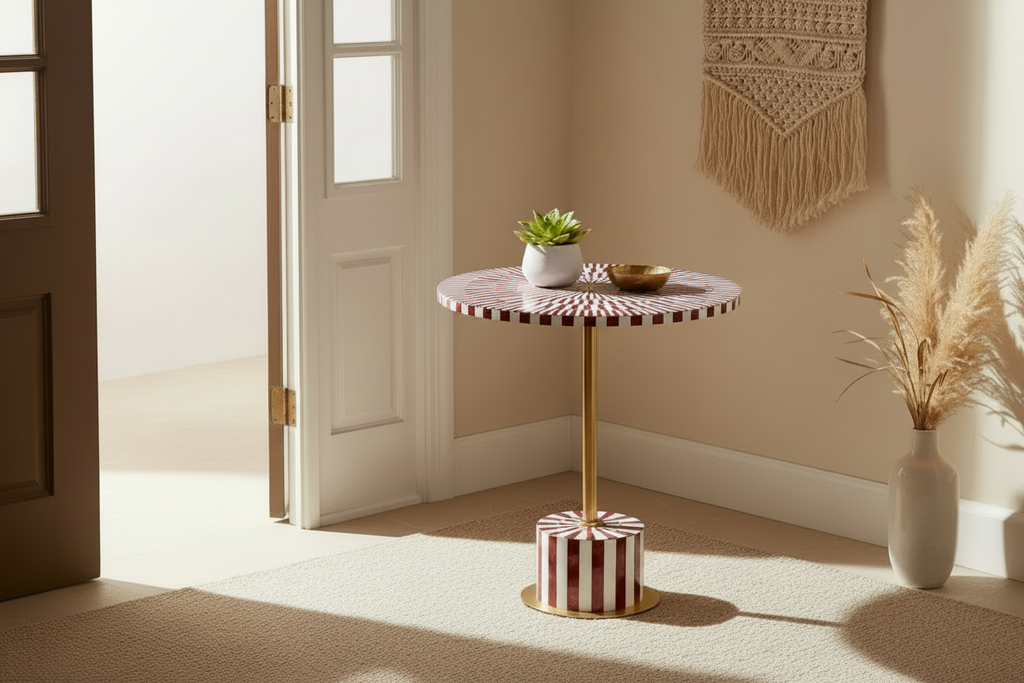 Red & White Resin Inlay Round Side Table - Handcrafted Brass Accent