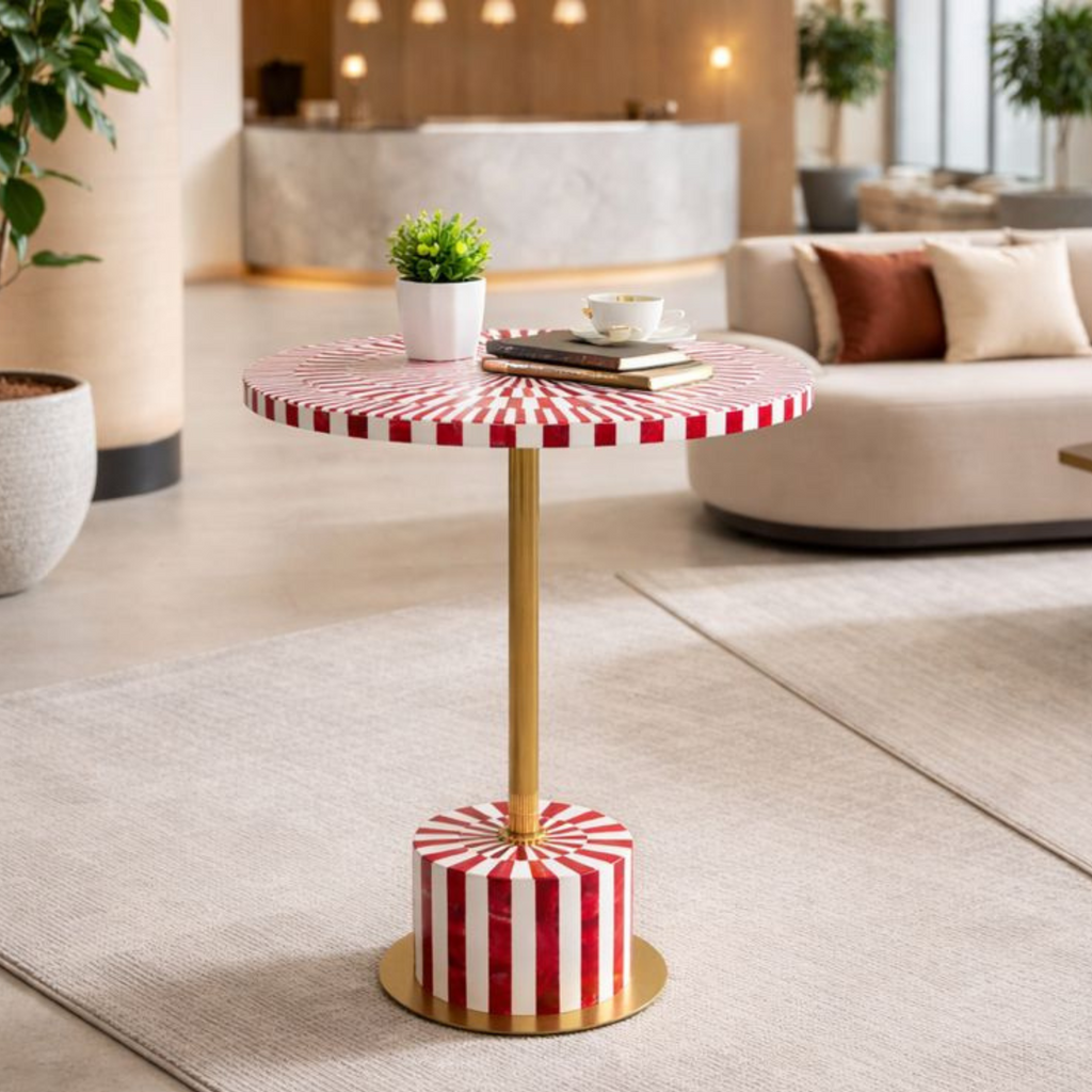 Red & White Resin Inlay Round Side Table - Handcrafted Brass Accent