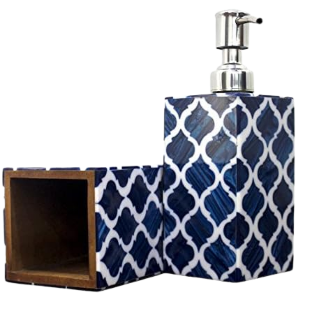 Moroccan Soap Dispenser & Toothbrush Holder Set - Blue White Bone Inlay Bathroom