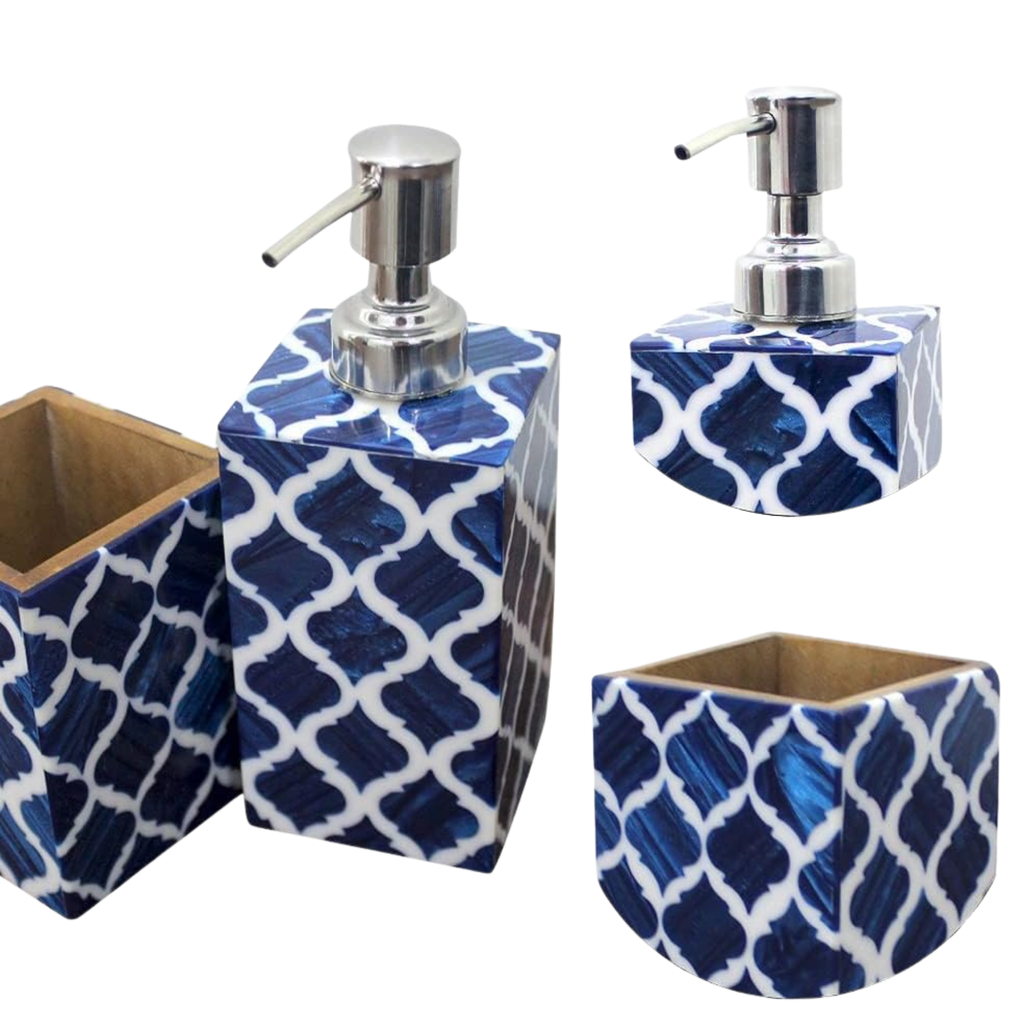 Moroccan Soap Dispenser & Toothbrush Holder Set - Blue White Bone Inlay Bathroom