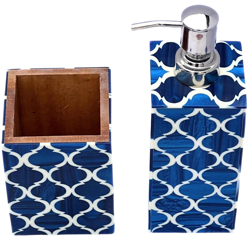 Moroccan Soap Dispenser & Toothbrush Holder Set - Blue White Bone Inlay Bathroom