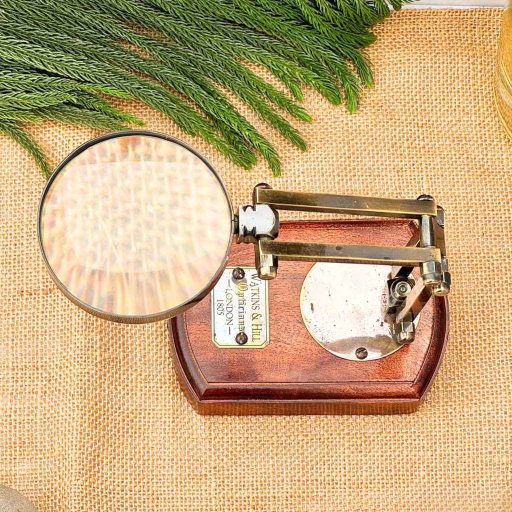 Antique Brass Magnifying Glass - Watkins & Hills 1805 Wooden Base Desk Decor