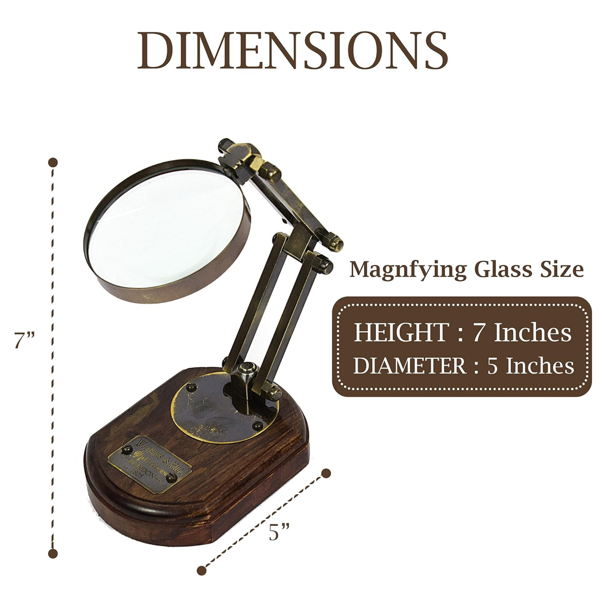 Antique Brass Magnifying Glass - Watkins & Hills 1805 Wooden Base Desk Decor
