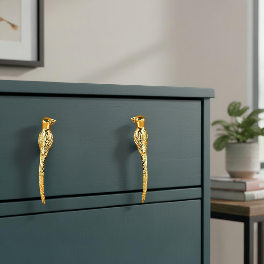 Handcrafted Brass Parrot Knobs – Golden Bird Cabinet Pulls & Decorative Handles for Wardrobe, Kitchen Drawers, Cupboards & Vintage Furniture
