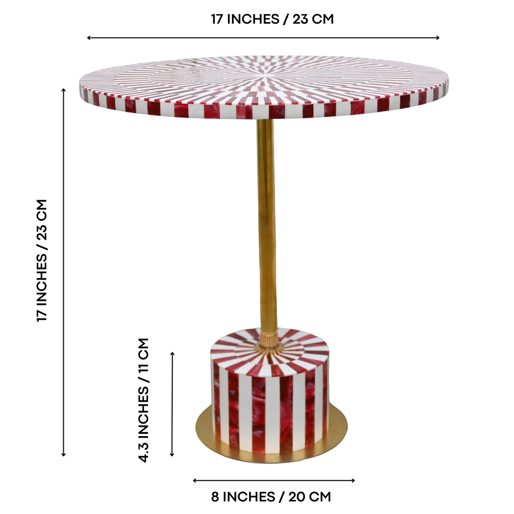 Red & White Resin Inlay Round Side Table - Handcrafted Brass Accent