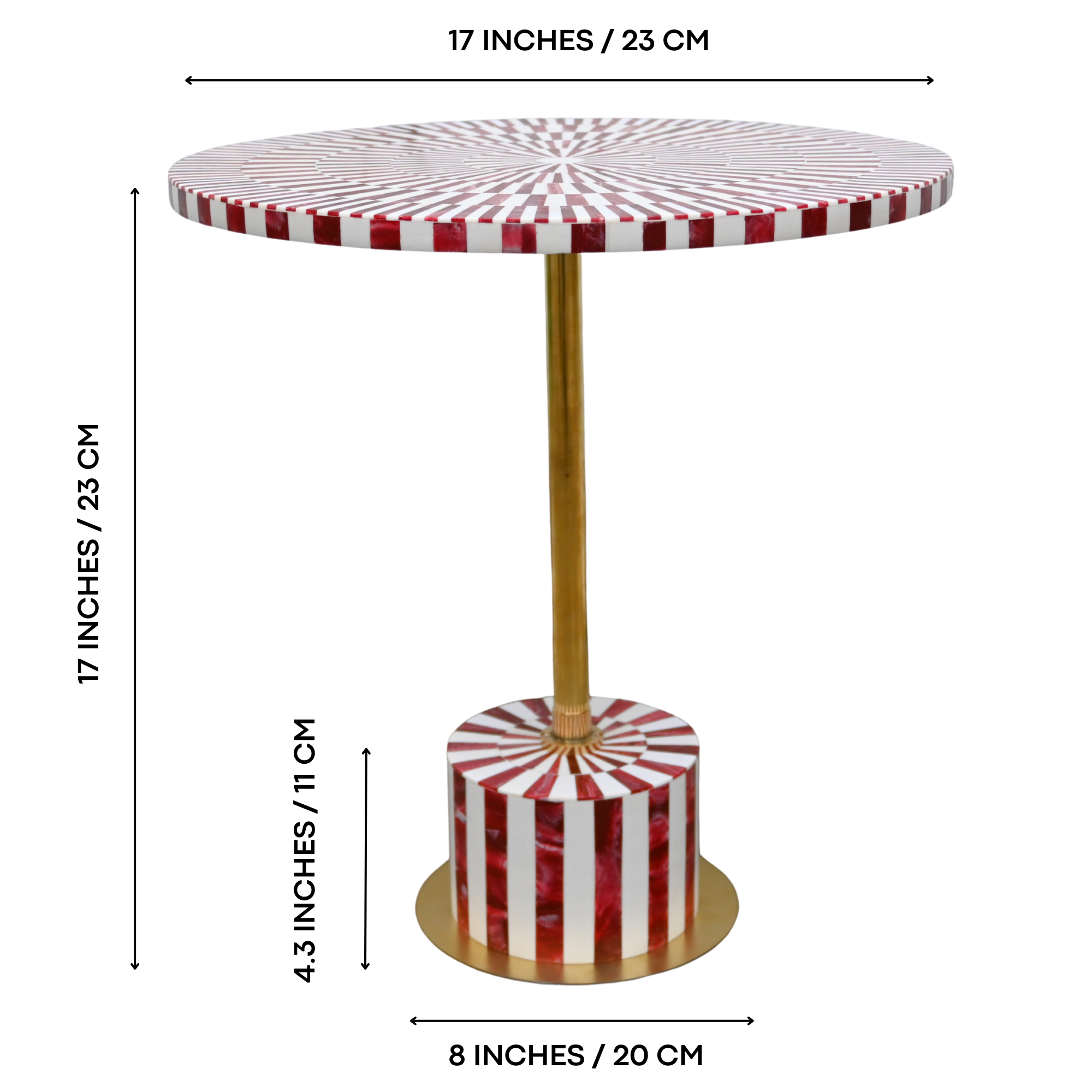 Red & White Resin Inlay Round Side Table - Handcrafted Brass Accent