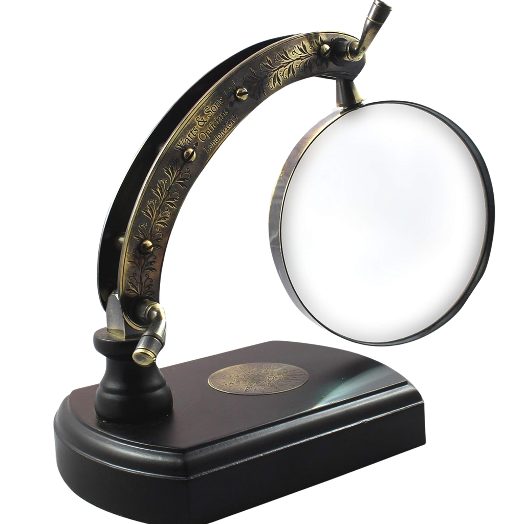 Vintage Brass Magnifying Glass with Wooden Stand - Foldable 9x6 Inch Map Reader