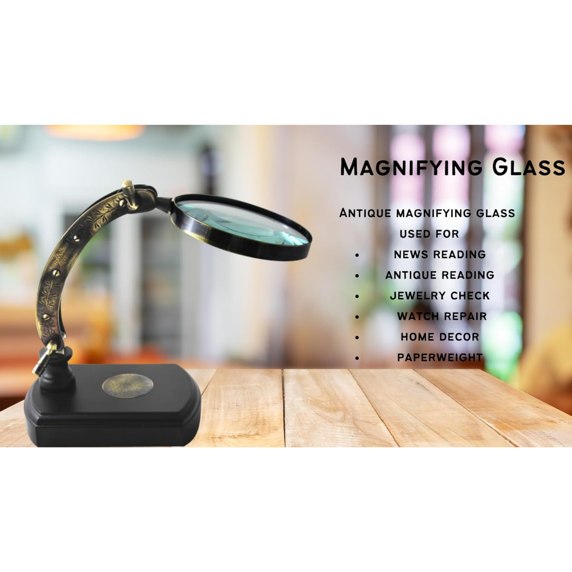 Vintage Brass Magnifying Glass with Wooden Stand - Foldable 9x6 Inch Map Reader