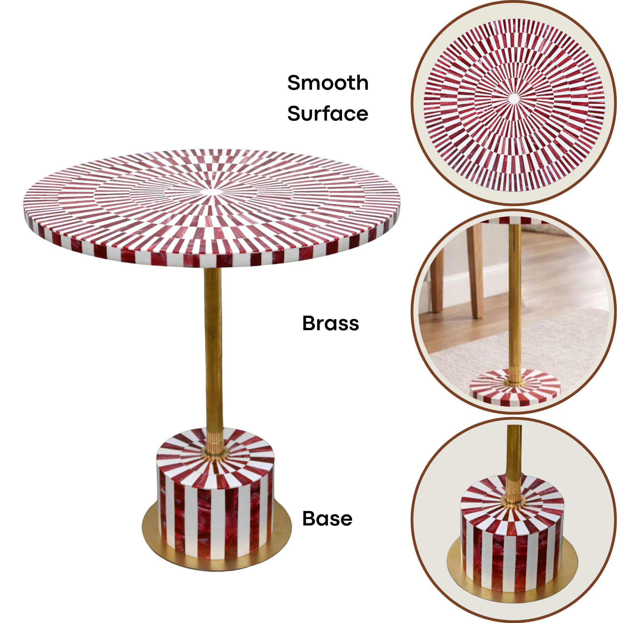 Red & White Resin Inlay Round Side Table - Handcrafted Brass Accent