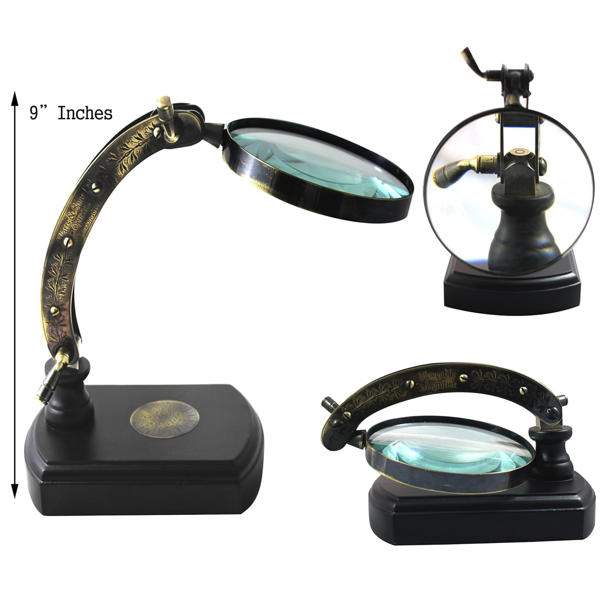 Vintage Brass Magnifying Glass with Wooden Stand - Foldable 9x6 Inch Map Reader