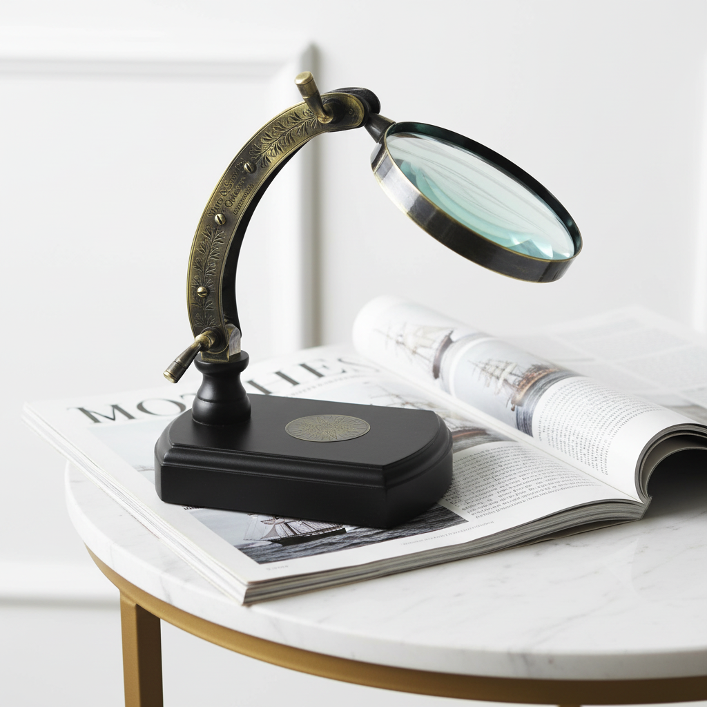 Vintage Brass Magnifying Glass with Wooden Stand - Foldable 9x6 Inch Map Reader