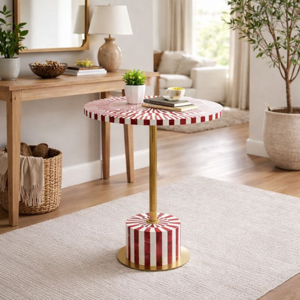 Red & White Resin Inlay Round Side Table - Handcrafted Brass Accent