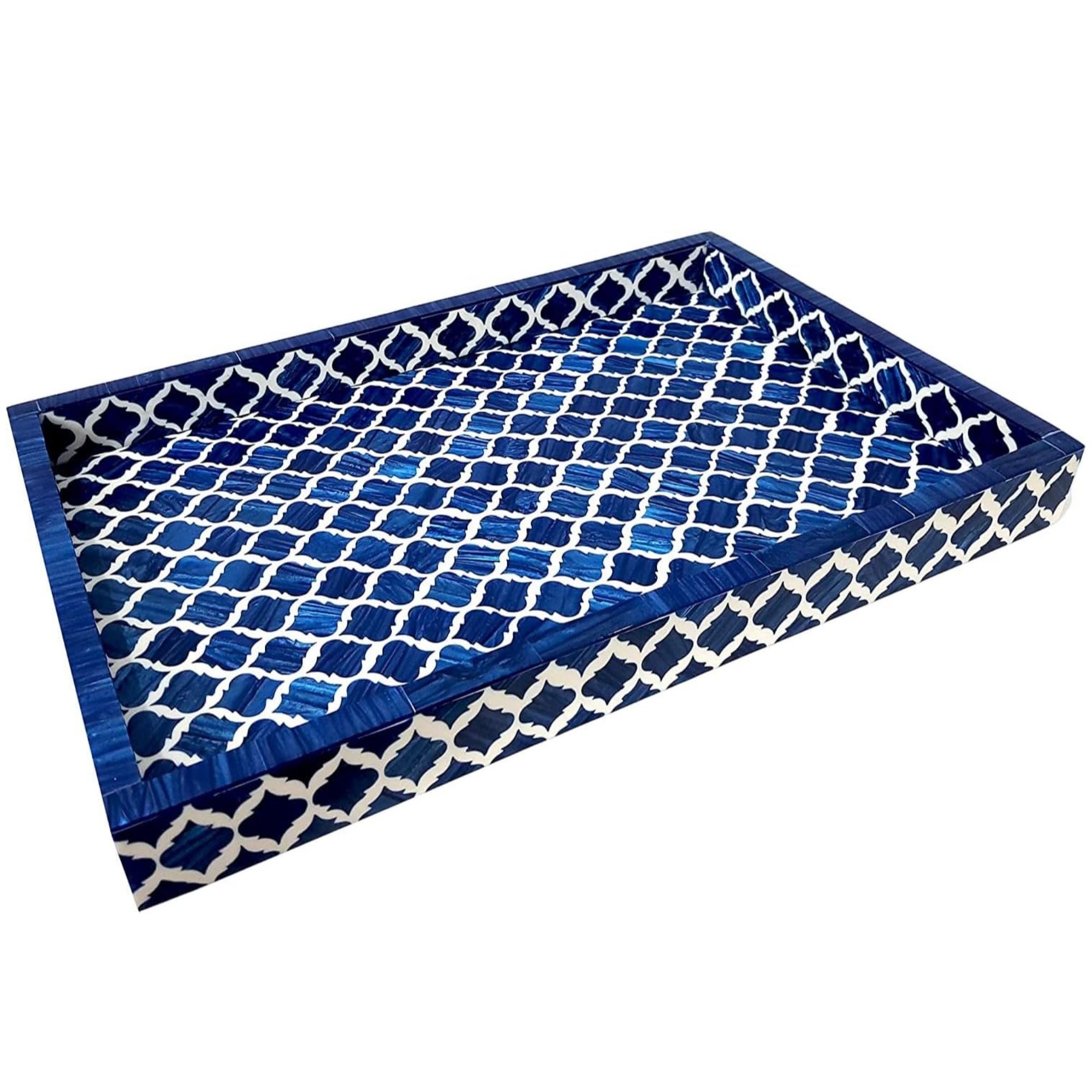 Blue White Bone Inlay Serving Tray - Moroccan Damask Wooden Platter 17x11 Inch
