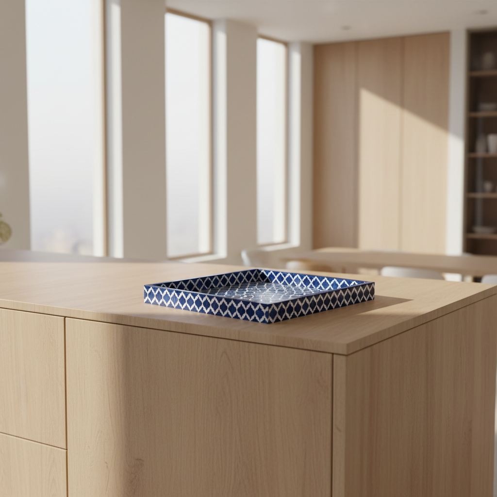 Blue White Bone Inlay Serving Tray - Moroccan Damask Wooden Platter 17x11 Inch