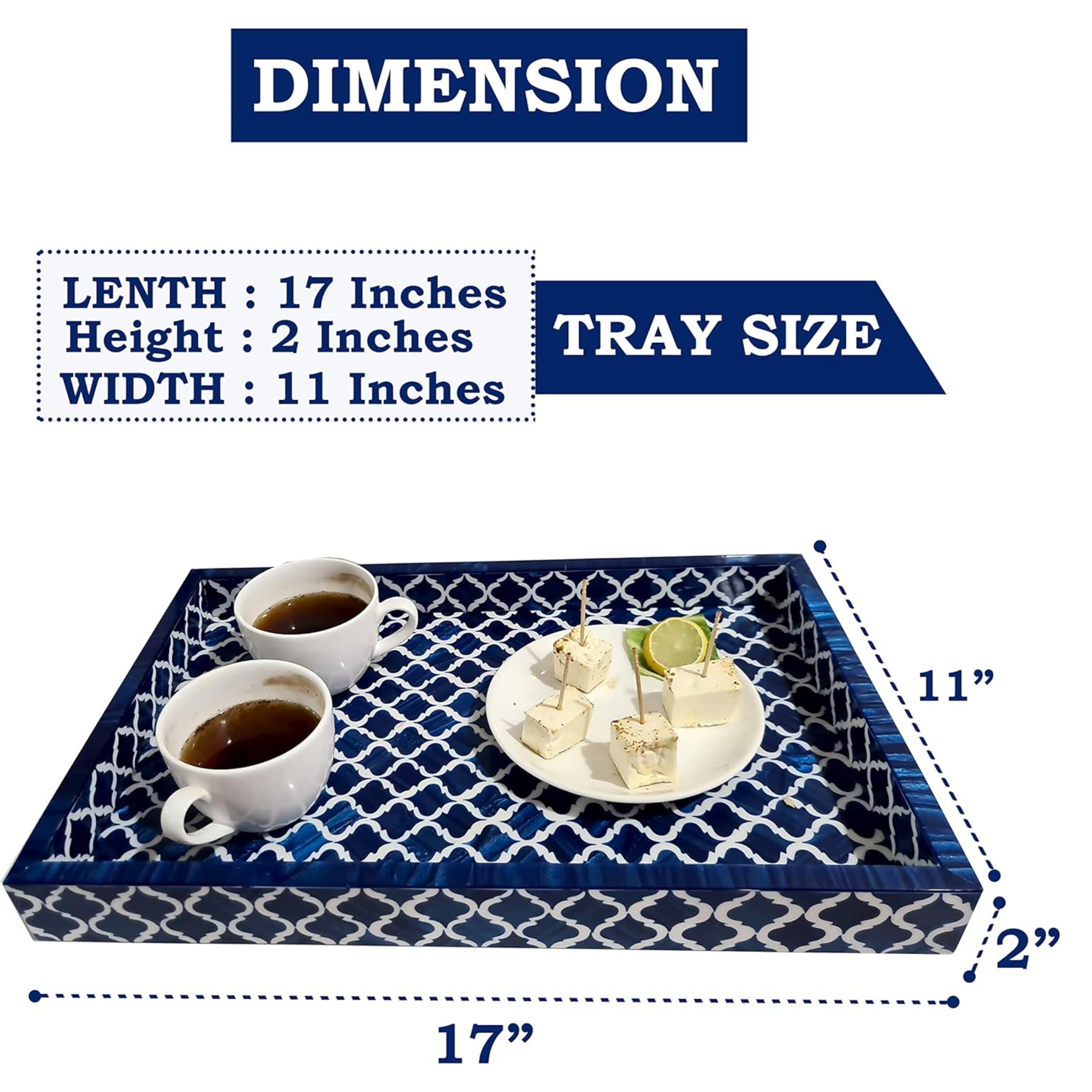 Blue White Bone Inlay Serving Tray - Moroccan Damask Wooden Platter 17x11 Inch