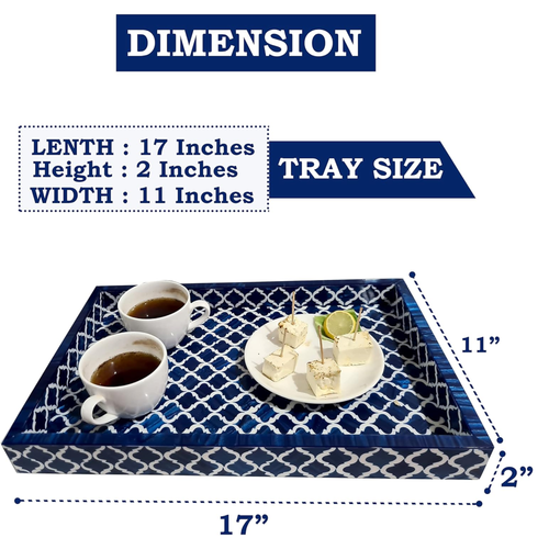 Measurement chart of a decorative tray with dimensions and examples of items on it.