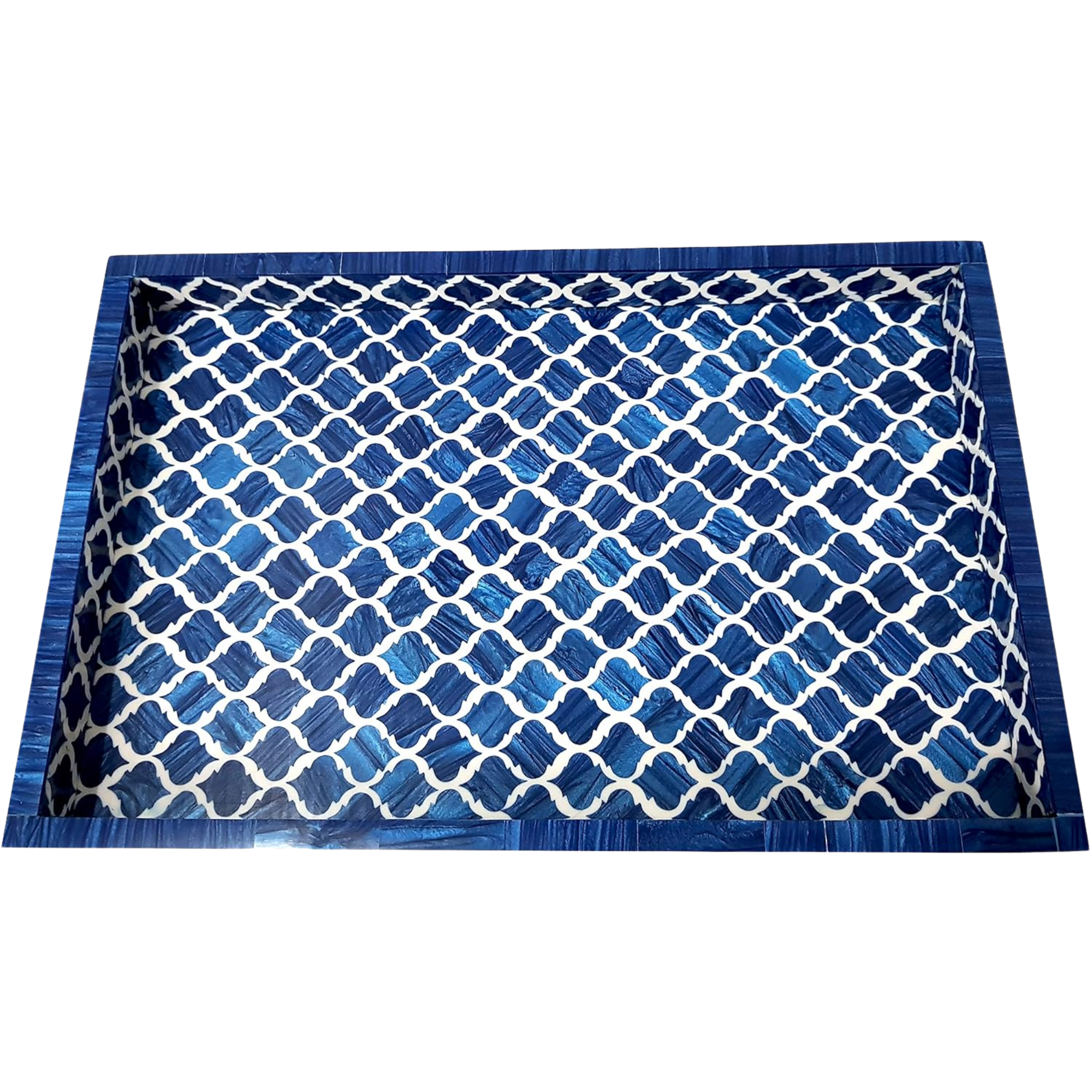 Blue White Bone Inlay Serving Tray - Moroccan Damask Wooden Platter 17x11 Inch