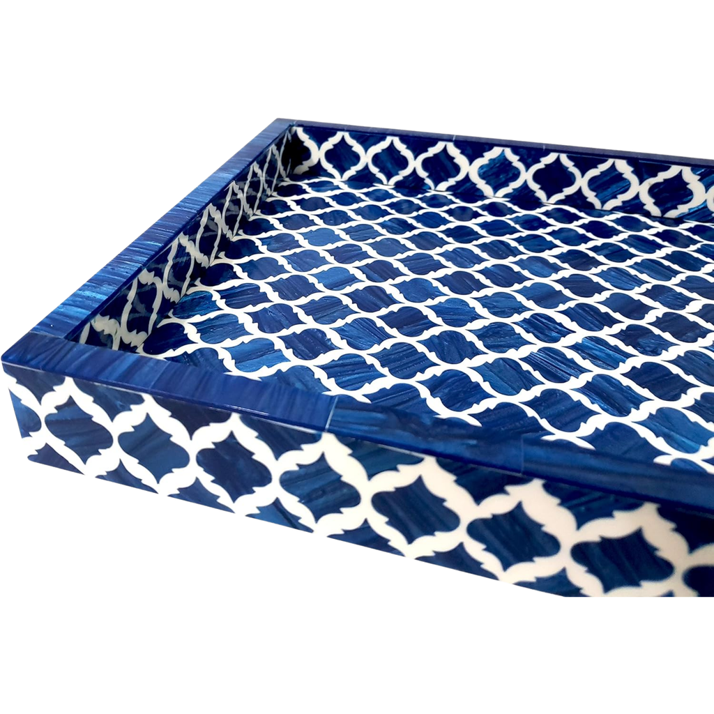 Blue White Bone Inlay Serving Tray - Moroccan Damask Wooden Platter 17x11 Inch
