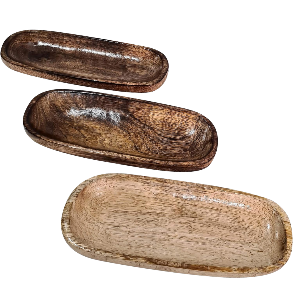 Rustic Wooden Serving Platter Trays Set of 3 - Mango Wood Grain 10x4 Inch