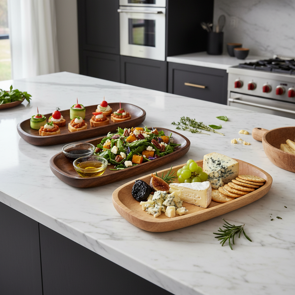 Rustic Wooden Serving Platter Trays Set of 3 - Mango Wood Grain 10x4 Inch