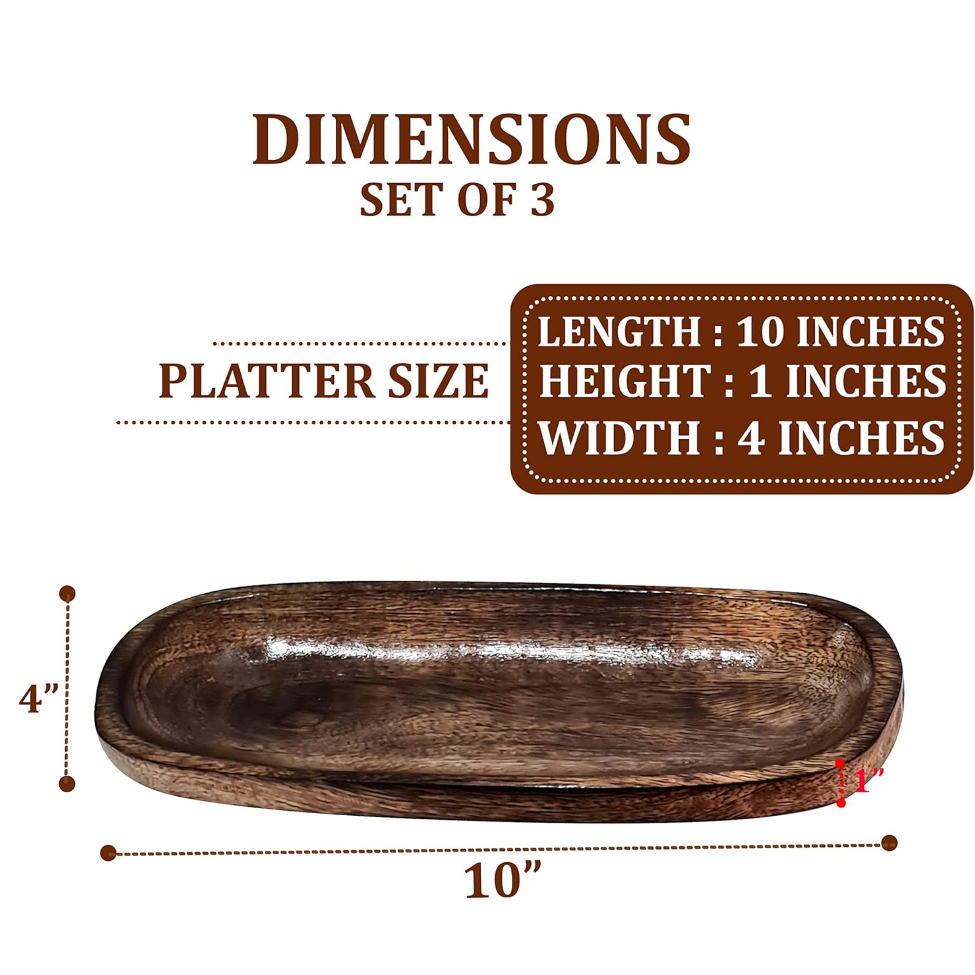 Rustic Wooden Serving Platter Trays Set of 3 - Mango Wood Grain 10x4 Inch
