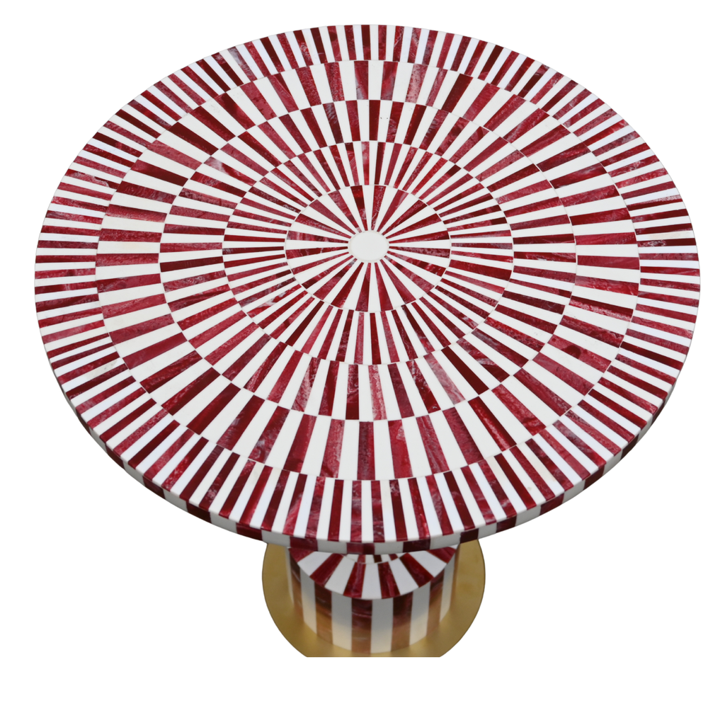 Red & White Resin Inlay Round Side Table - Handcrafted Brass Accent