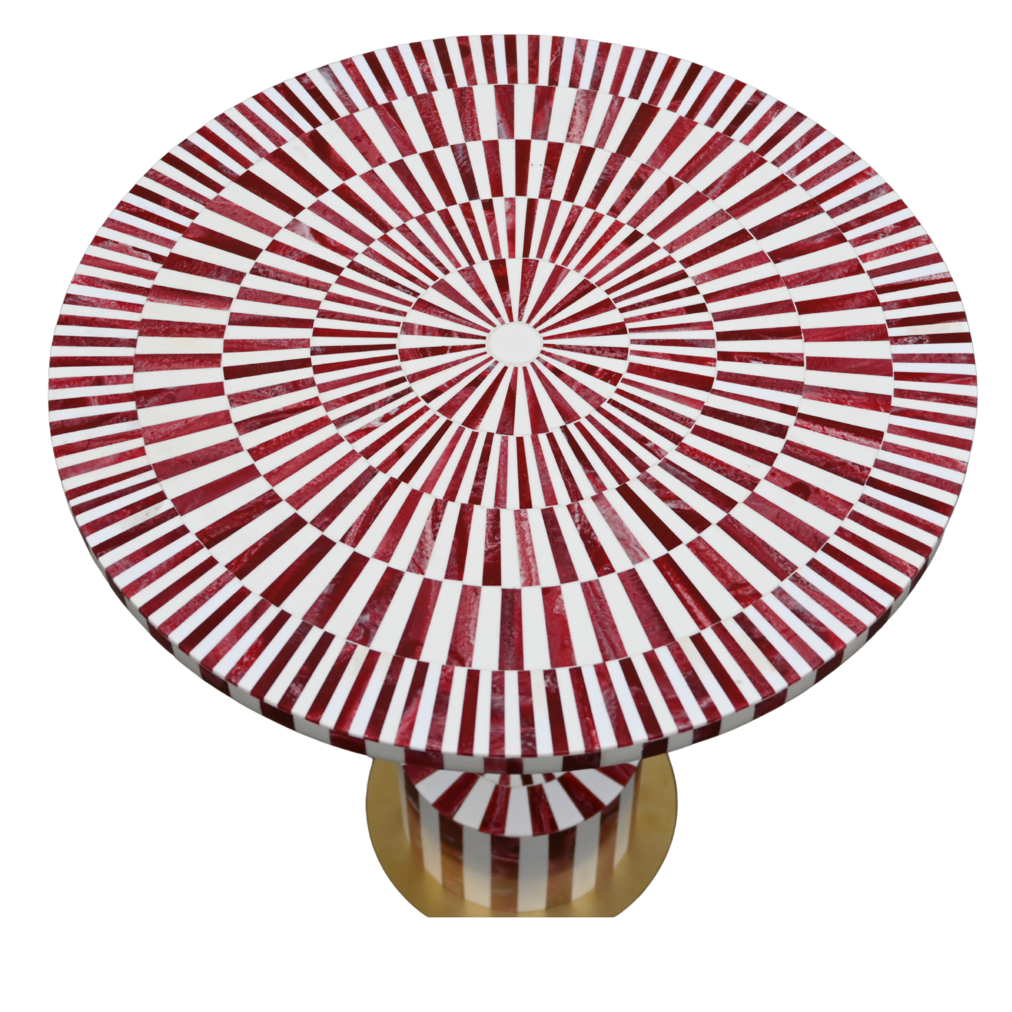 Red & White Resin Inlay Round Side Table - Handcrafted Brass Accent