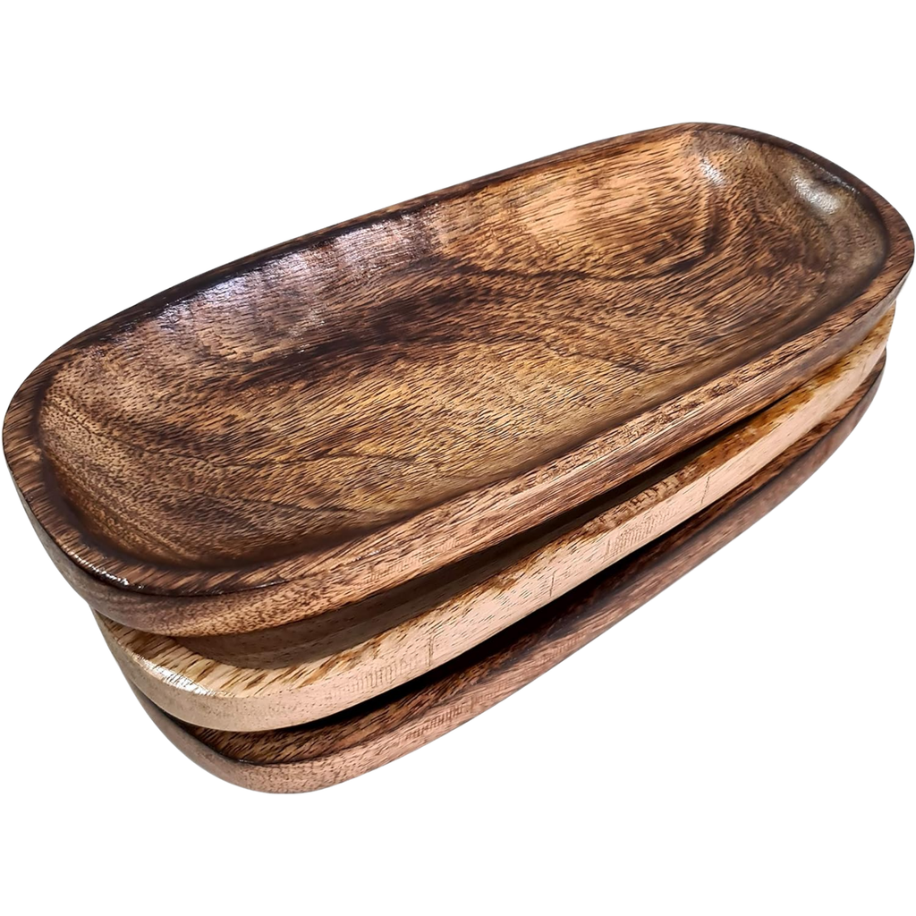 Rustic Wooden Serving Platter Trays Set of 3 - Mango Wood Grain 10x4 Inch