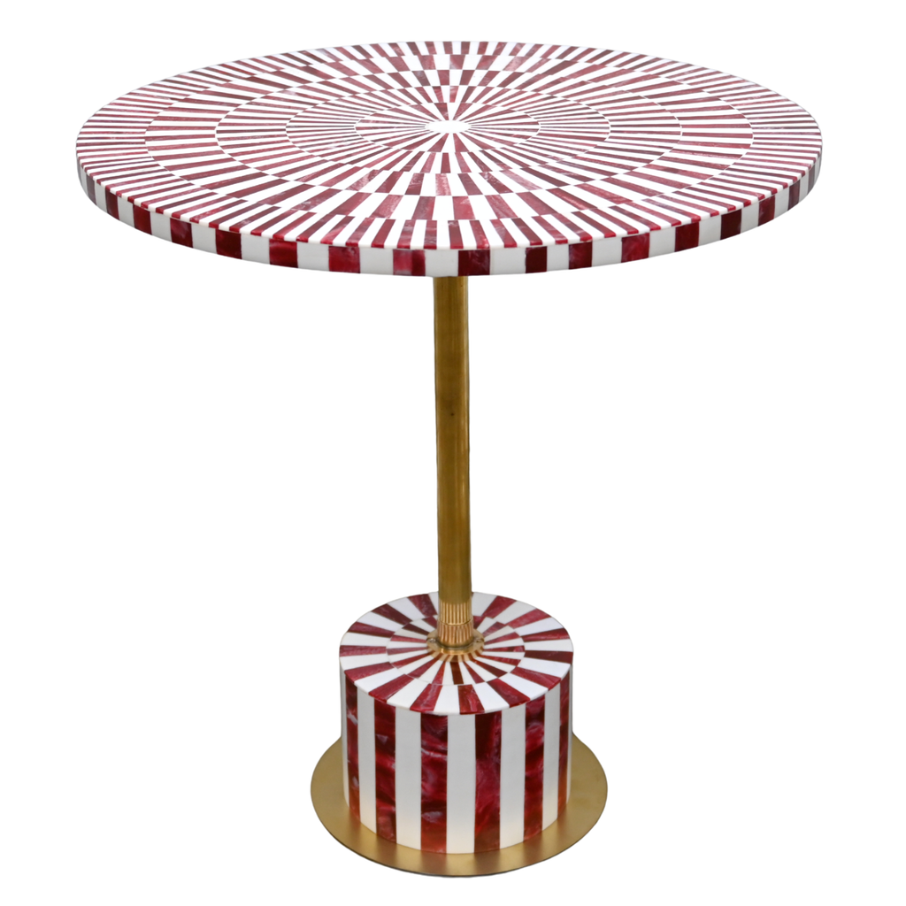 Red & White Resin Inlay Round Side Table - Handcrafted Brass Accent