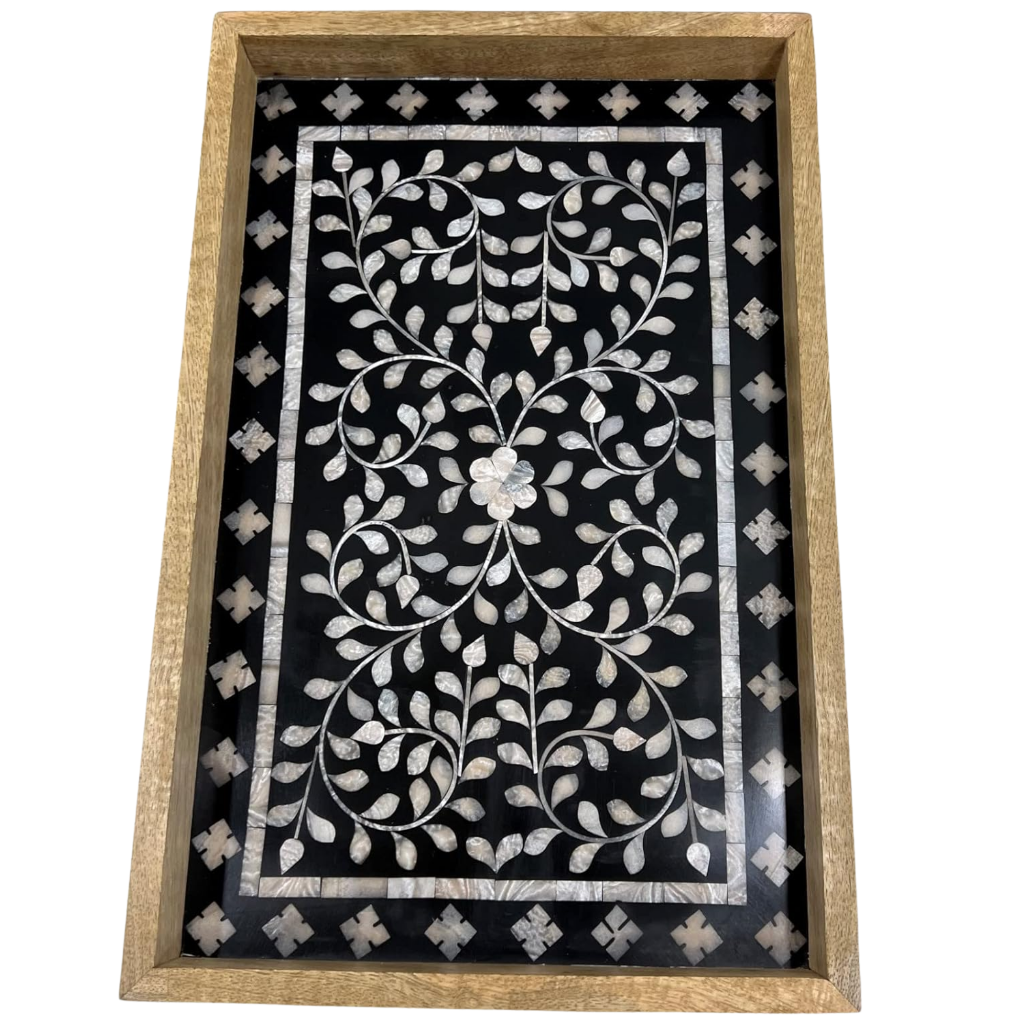 Mother of Pearl Inlay Serving Tray - Handcrafted Black Wooden 17x11 Inch