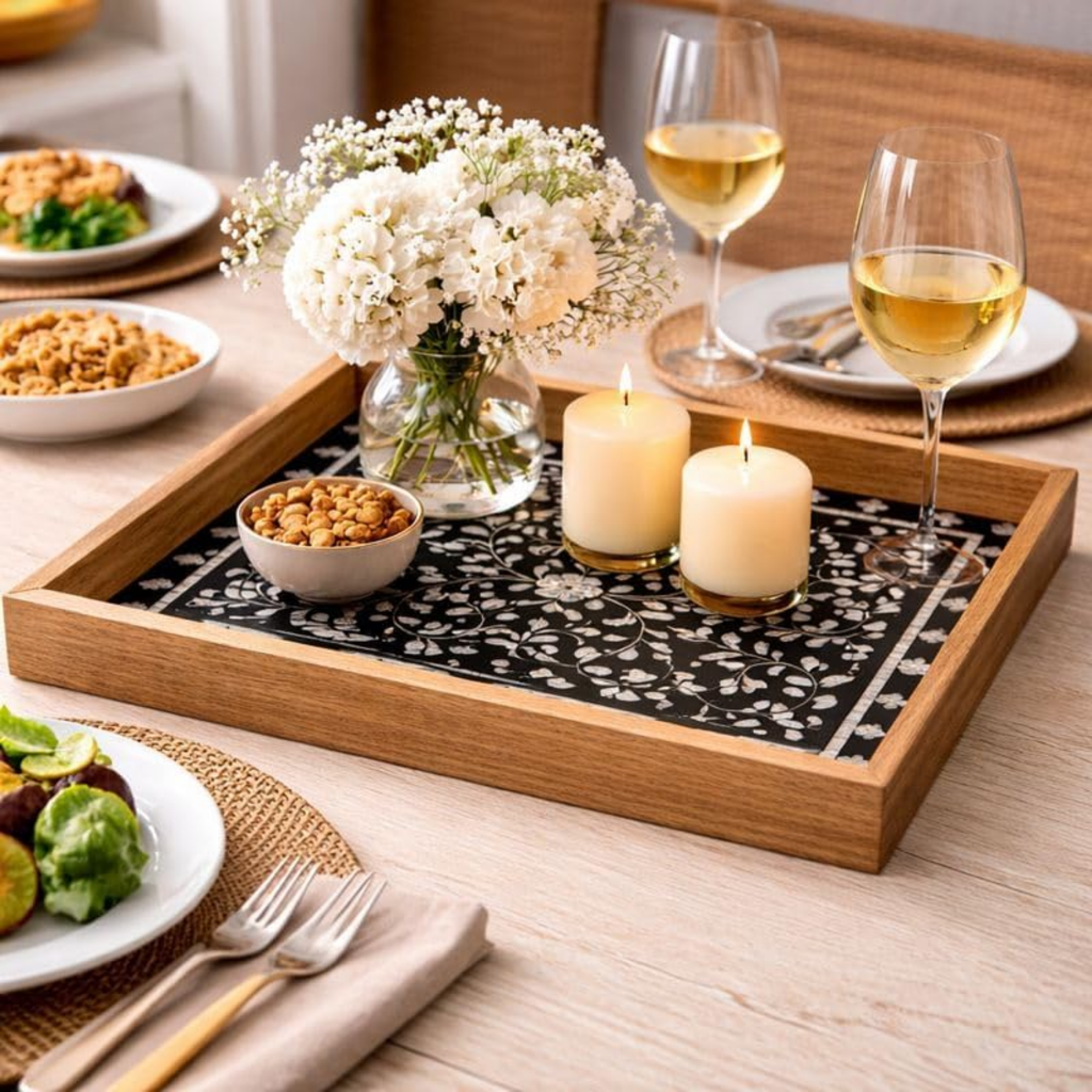 Mother of Pearl Inlay Serving Tray - Handcrafted Black Wooden 17x11 Inch