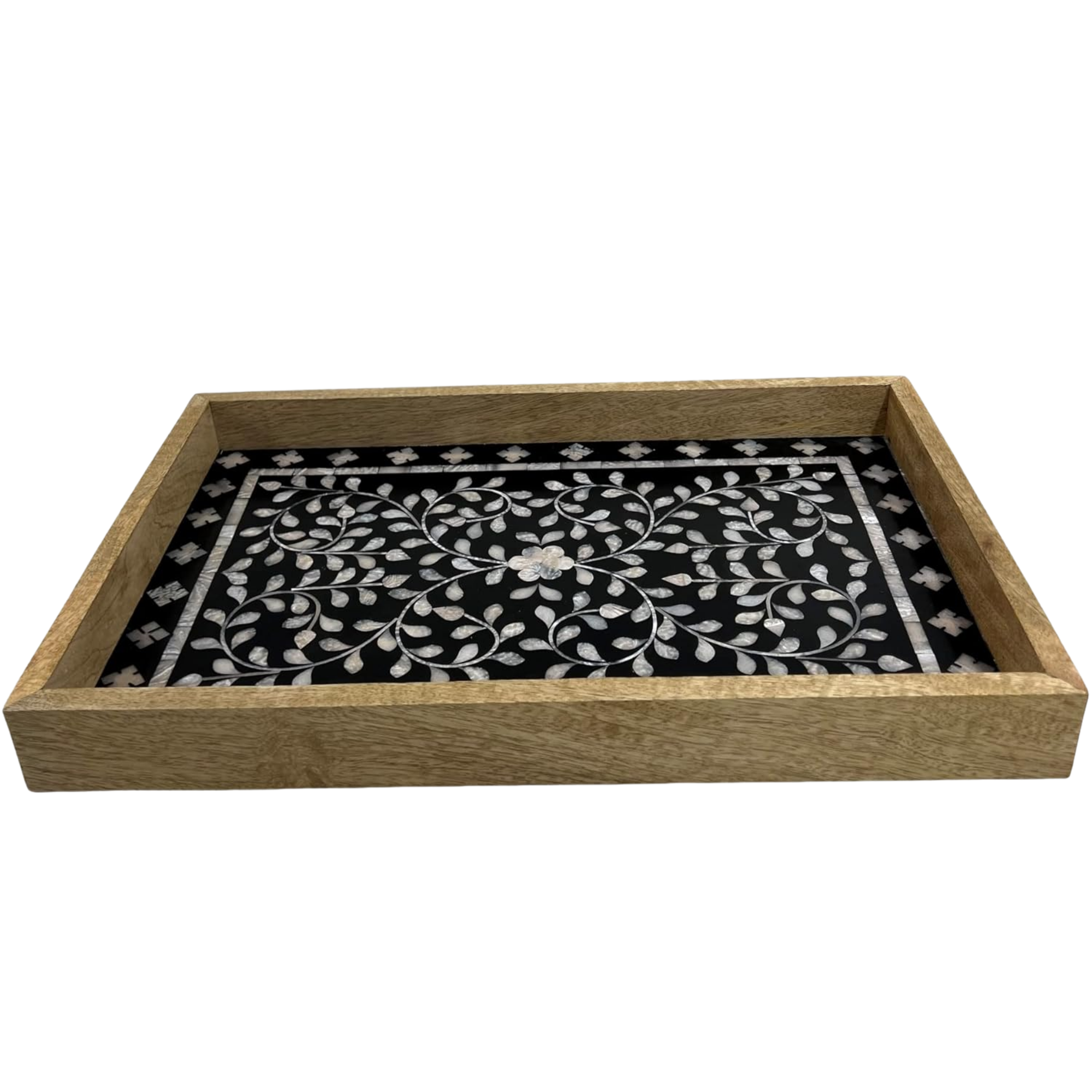 Mother of Pearl Inlay Serving Tray - Handcrafted Black Wooden 17x11 Inch