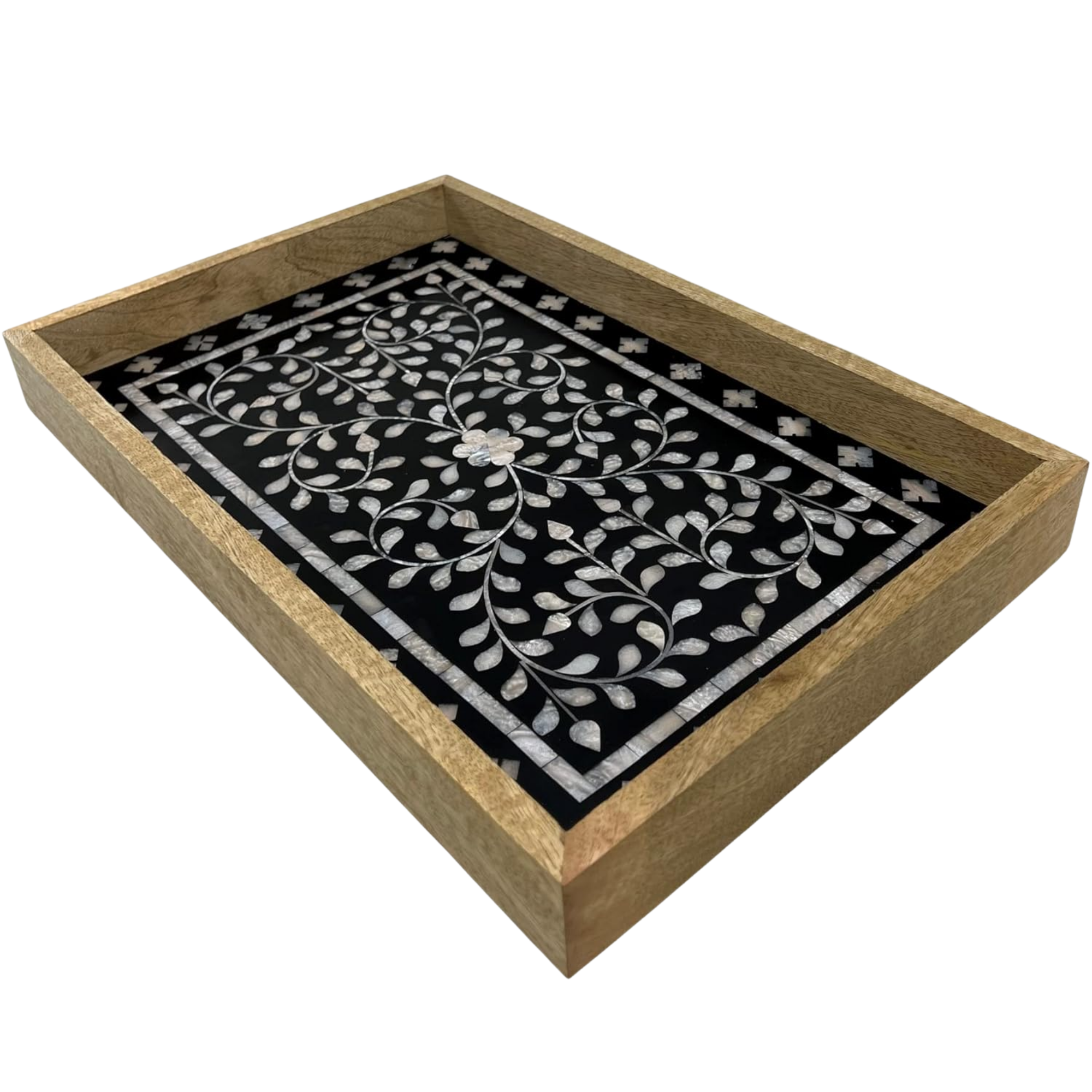 Mother of Pearl Inlay Serving Tray - Handcrafted Black Wooden 17x11 Inch