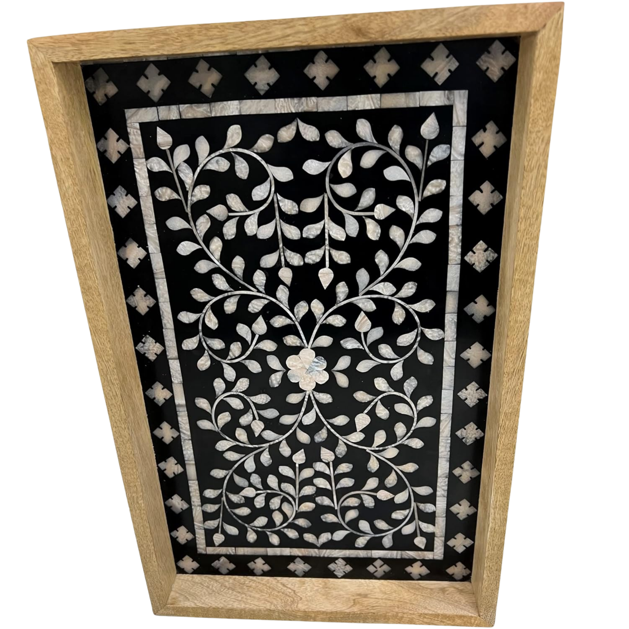 Mother of Pearl Inlay Serving Tray - Handcrafted Black Wooden 17x11 Inch
