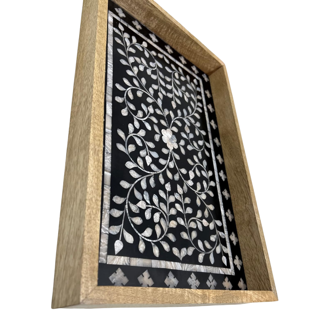 Mother of Pearl Inlay Serving Tray - Handcrafted Black Wooden 17x11 Inch