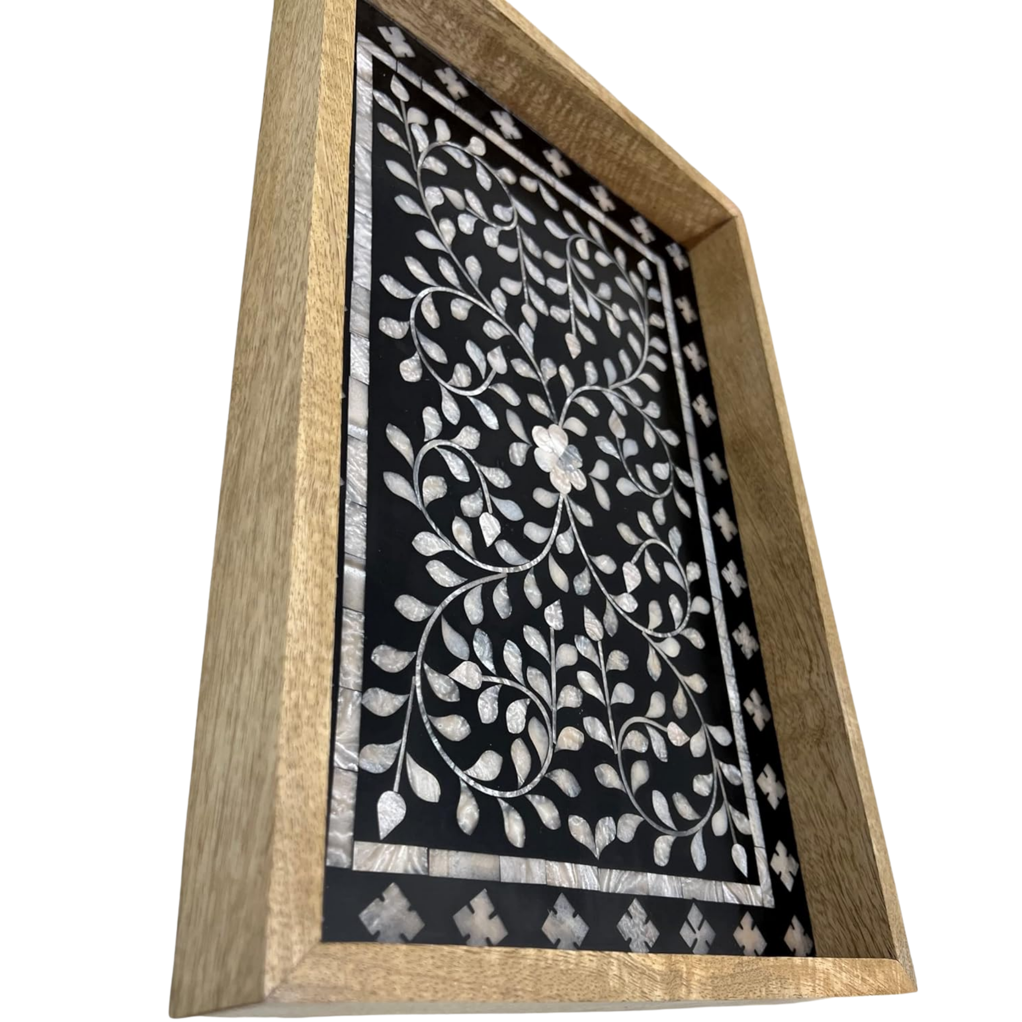 Mother of Pearl Inlay Serving Tray - Handcrafted Black Wooden 17x11 Inch