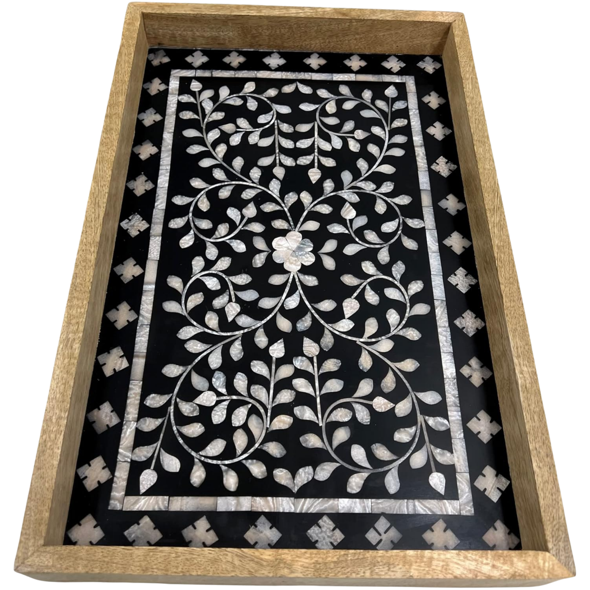 Mother of Pearl Inlay Serving Tray - Handcrafted Black Wooden 17x11 Inch
